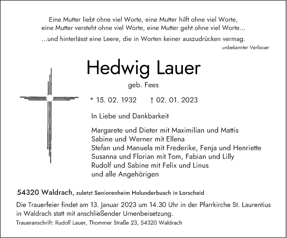  Traueranzeige für Hedwig Lauer vom 07.01.2023 aus trierischer_volksfreund