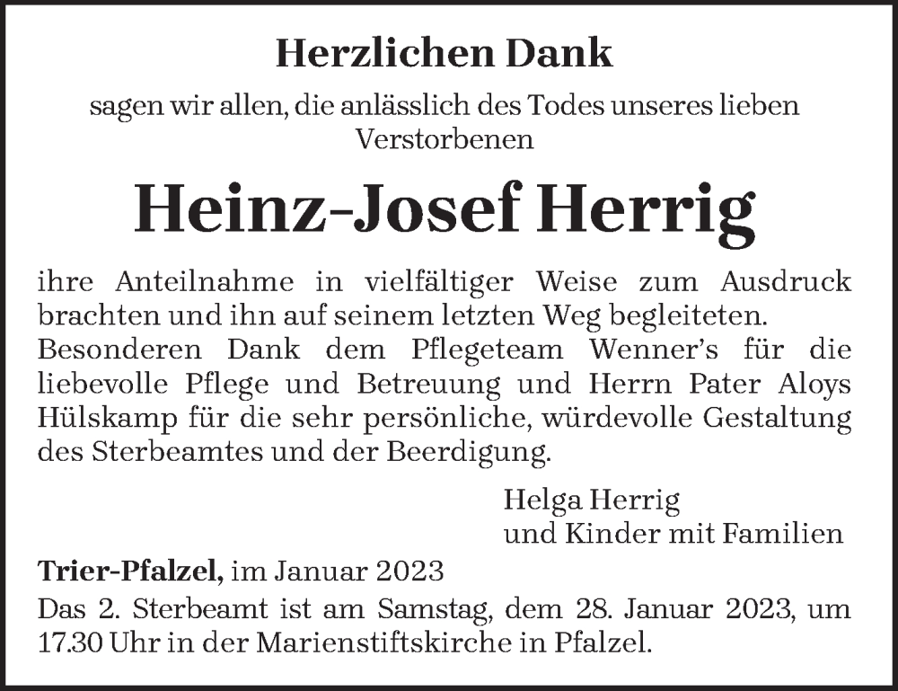  Traueranzeige für Heinz-Josef Herrig vom 21.01.2023 aus trierischer_volksfreund
