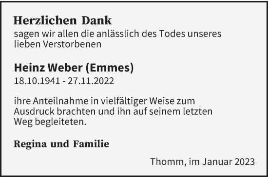 Traueranzeige von Heinz Weber von trierischer_volksfreund