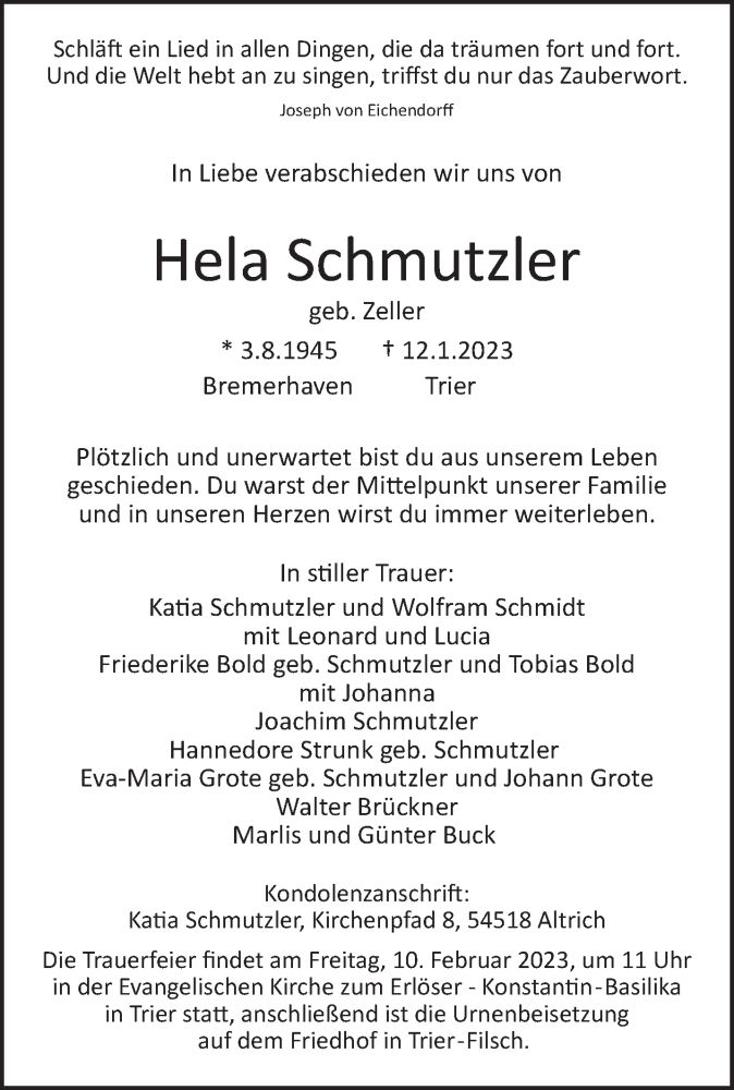  Traueranzeige für Hela Schmutzler vom 28.01.2023 aus trierischer_volksfreund