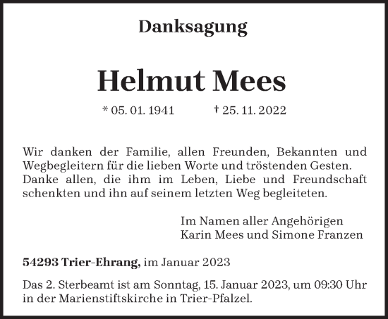 Traueranzeige von Helmut Mees von trierischer_volksfreund