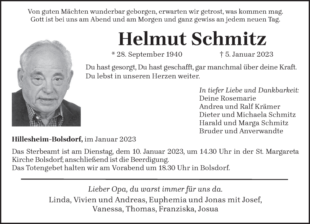  Traueranzeige für Helmut Schmitz vom 07.01.2023 aus trierischer_volksfreund