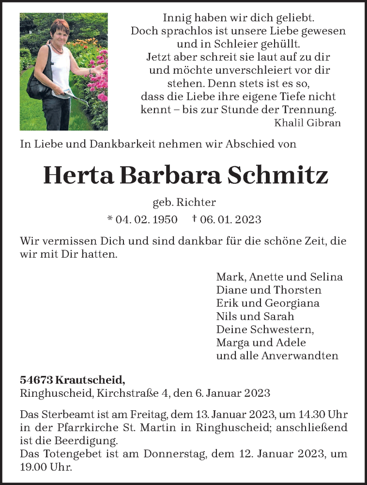  Traueranzeige für Herta Barbara Schmitz vom 11.01.2023 aus trierischer_volksfreund