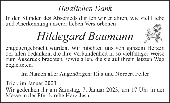 Traueranzeige von Hildegard Baumann von trierischer_volksfreund