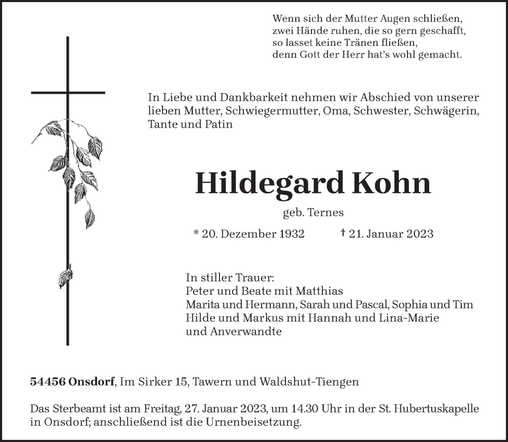  Traueranzeige für Hildegard Kohn vom 25.01.2023 aus trierischer_volksfreund