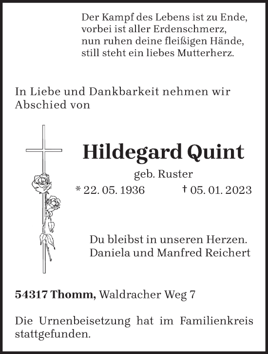 Traueranzeige von Hildegard Quint von trierischer_volksfreund