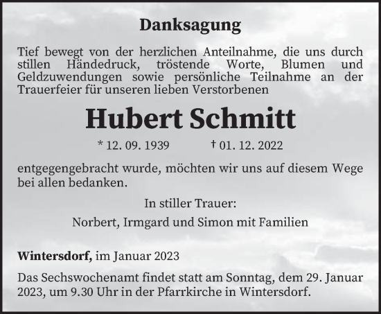 Traueranzeige von Hubert Schmitt von trierischer_volksfreund