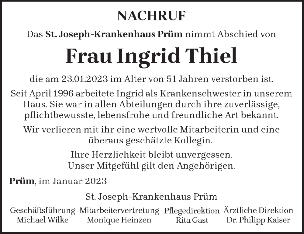  Traueranzeige für Ingrid Thiel vom 28.01.2023 aus trierischer_volksfreund