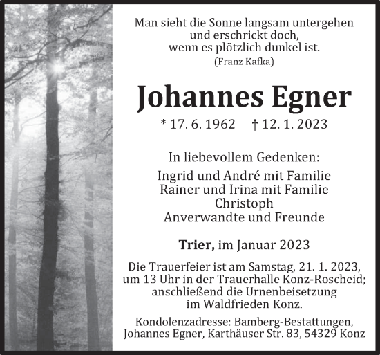 Traueranzeige von Johannes Egner von trierischer_volksfreund