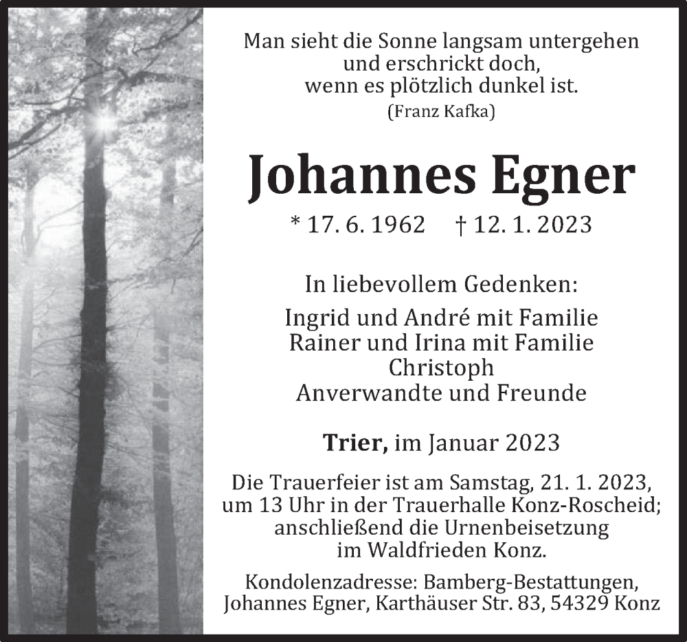  Traueranzeige für Johannes Egner vom 19.01.2023 aus trierischer_volksfreund