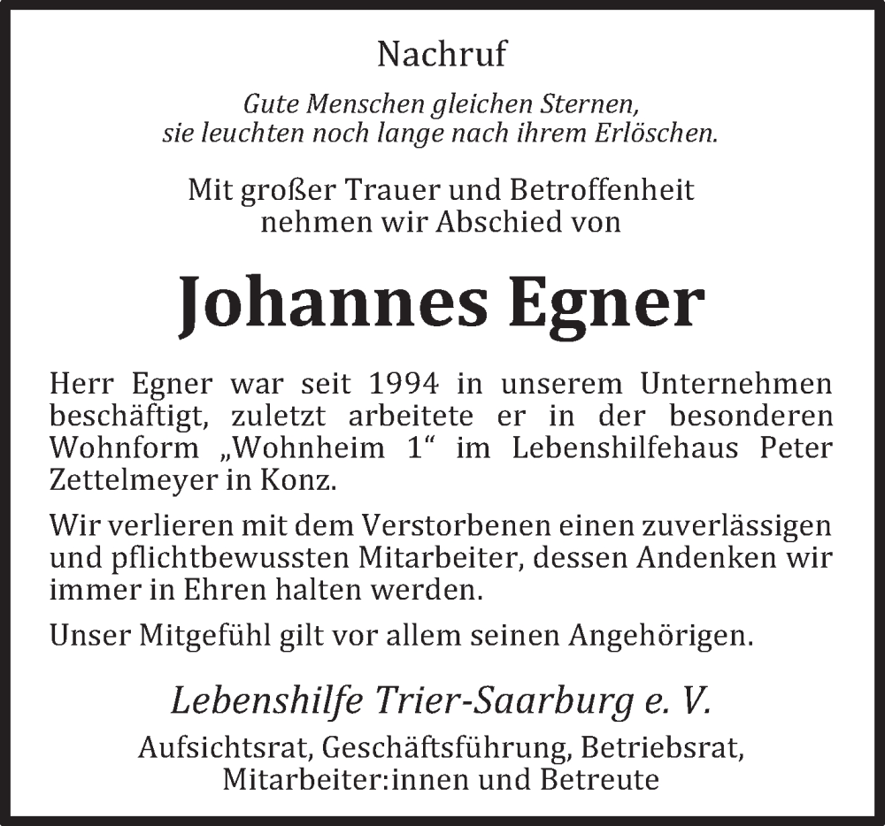  Traueranzeige für Johannes Egner vom 19.01.2023 aus trierischer_volksfreund