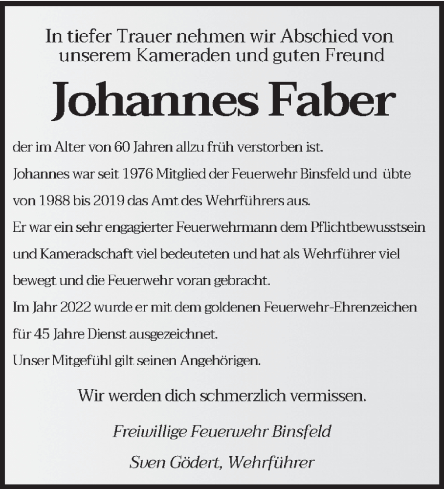  Traueranzeige für Johannes Faber vom 21.01.2023 aus trierischer_volksfreund