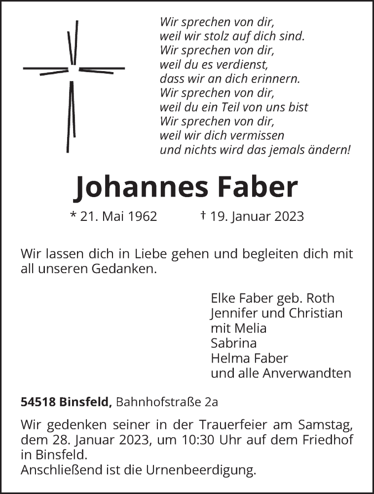  Traueranzeige für Johannes Faber vom 21.01.2023 aus trierischer_volksfreund