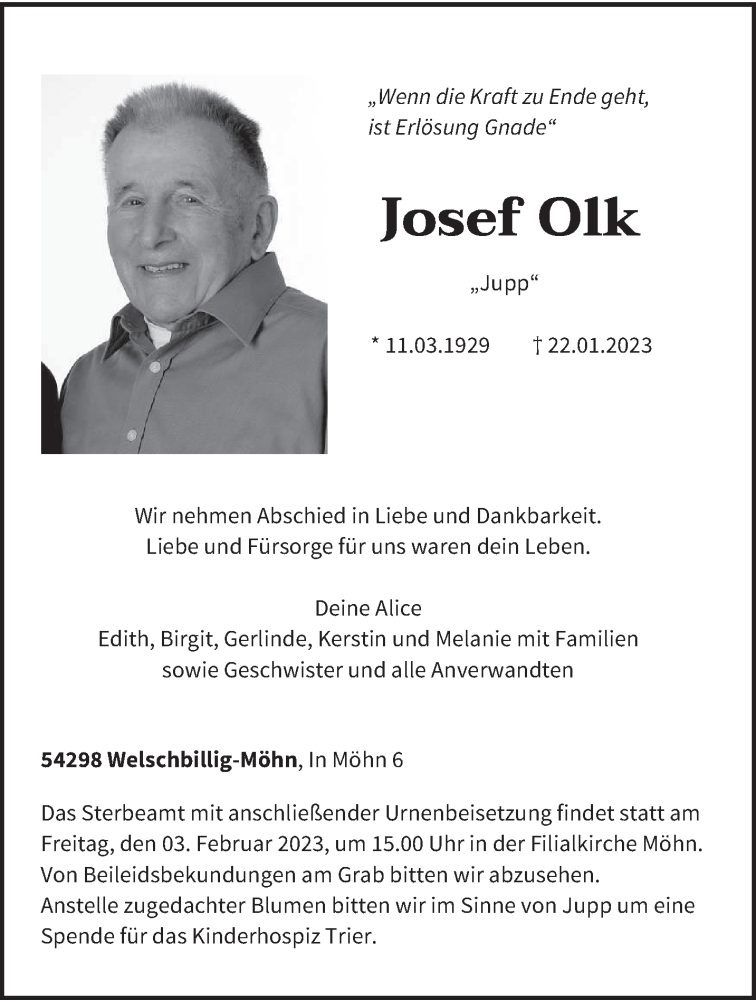  Traueranzeige für Josef Olk vom 28.01.2023 aus trierischer_volksfreund