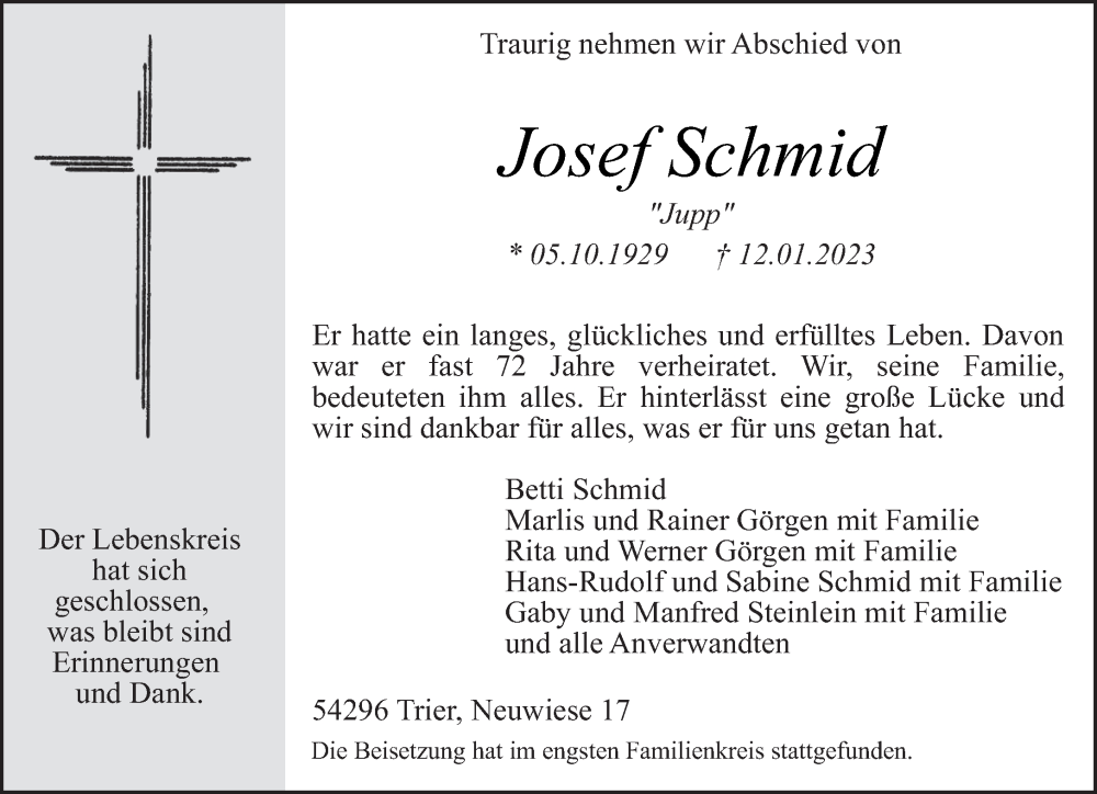  Traueranzeige für Josef Schmid vom 28.01.2023 aus trierischer_volksfreund