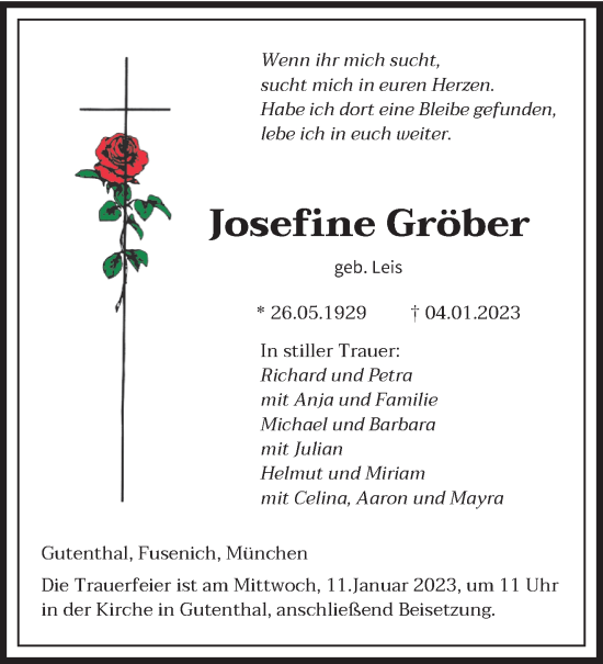Traueranzeige von Josefine Gröber von trierischer_volksfreund