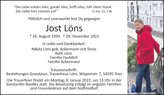 Traueranzeige von Jost Löns von trierischer_volksfreund