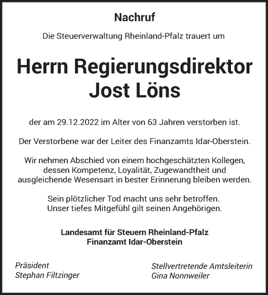 Traueranzeige von Jost Löns von trierischer_volksfreund
