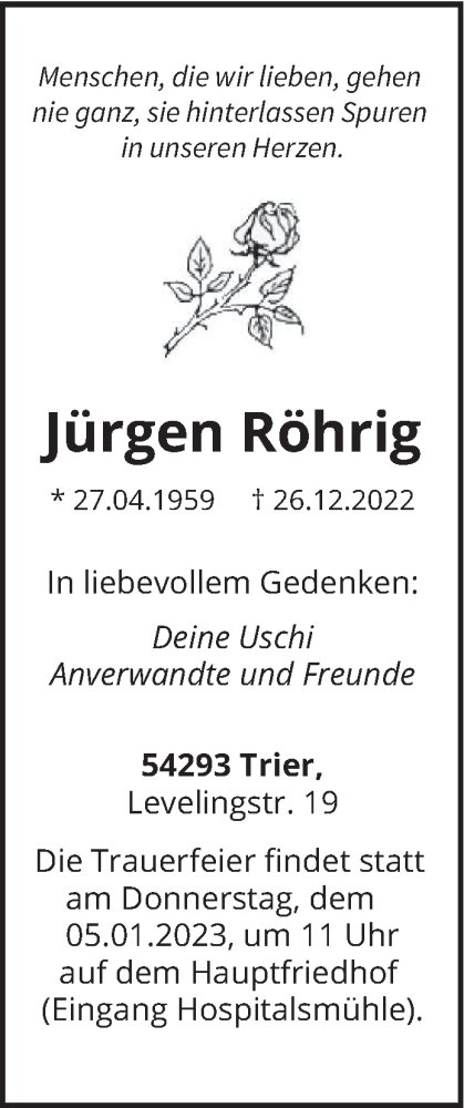  Traueranzeige für Jürgen Röhrig vom 31.12.2022 aus trierischer_volksfreund