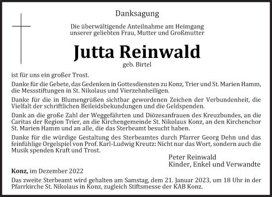 Traueranzeige von Jutta Reinwald von trierischer_volksfreund