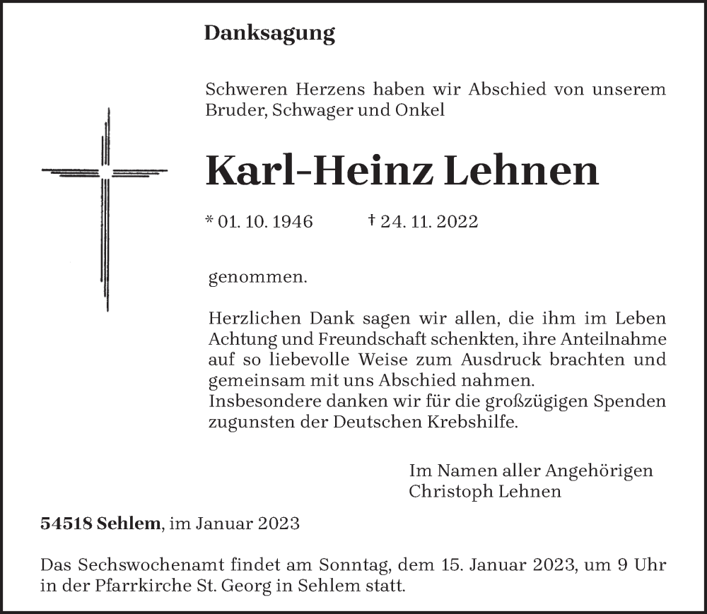  Traueranzeige für Karl-Heinz Lehnen vom 11.01.2023 aus trierischer_volksfreund