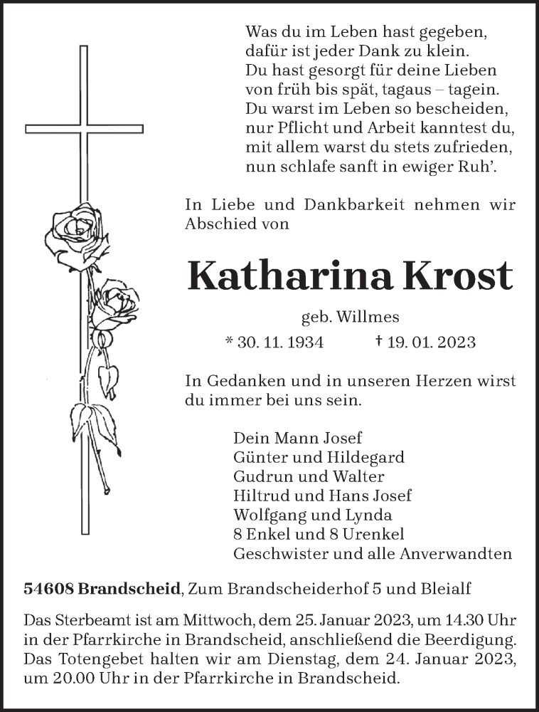  Traueranzeige für Katharina Krost vom 21.01.2023 aus trierischer_volksfreund