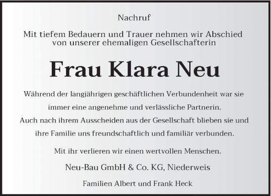 Traueranzeige von Klara Neu von trierischer_volksfreund