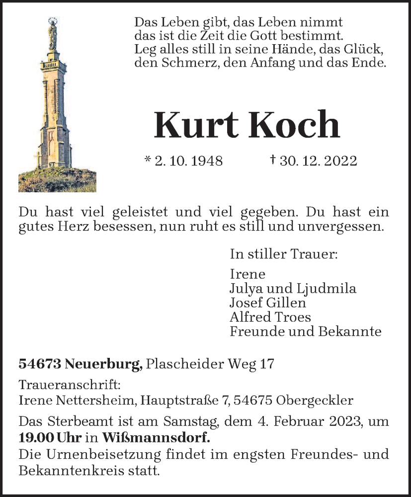  Traueranzeige für Kurt Koch vom 14.01.2023 aus trierischer_volksfreund
