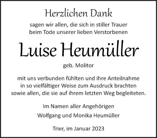 Traueranzeige von Luise Heumüller von trierischer_volksfreund