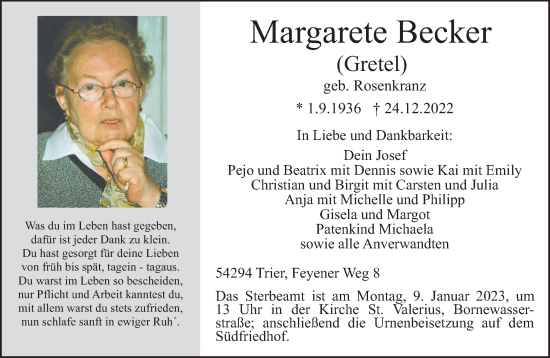 Traueranzeige von Margarete Becker von trierischer_volksfreund
