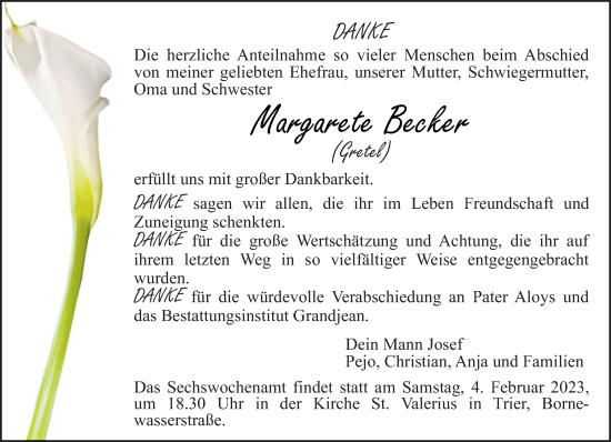 Traueranzeige von Margarete Becker von trierischer_volksfreund