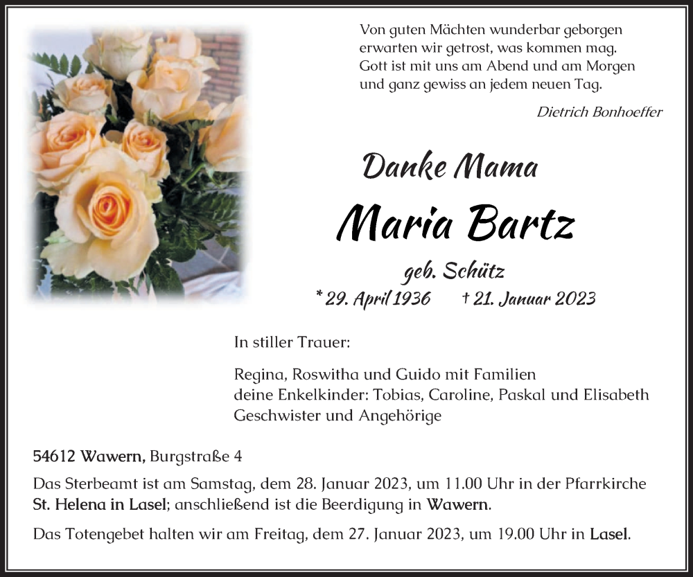  Traueranzeige für Maria Bartz vom 25.01.2023 aus trierischer_volksfreund
