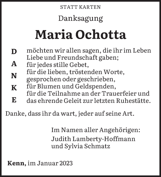 Traueranzeige von Maria Ochotta von trierischer_volksfreund