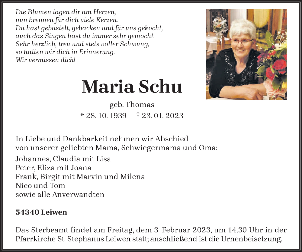  Traueranzeige für Maria Schu vom 28.01.2023 aus trierischer_volksfreund