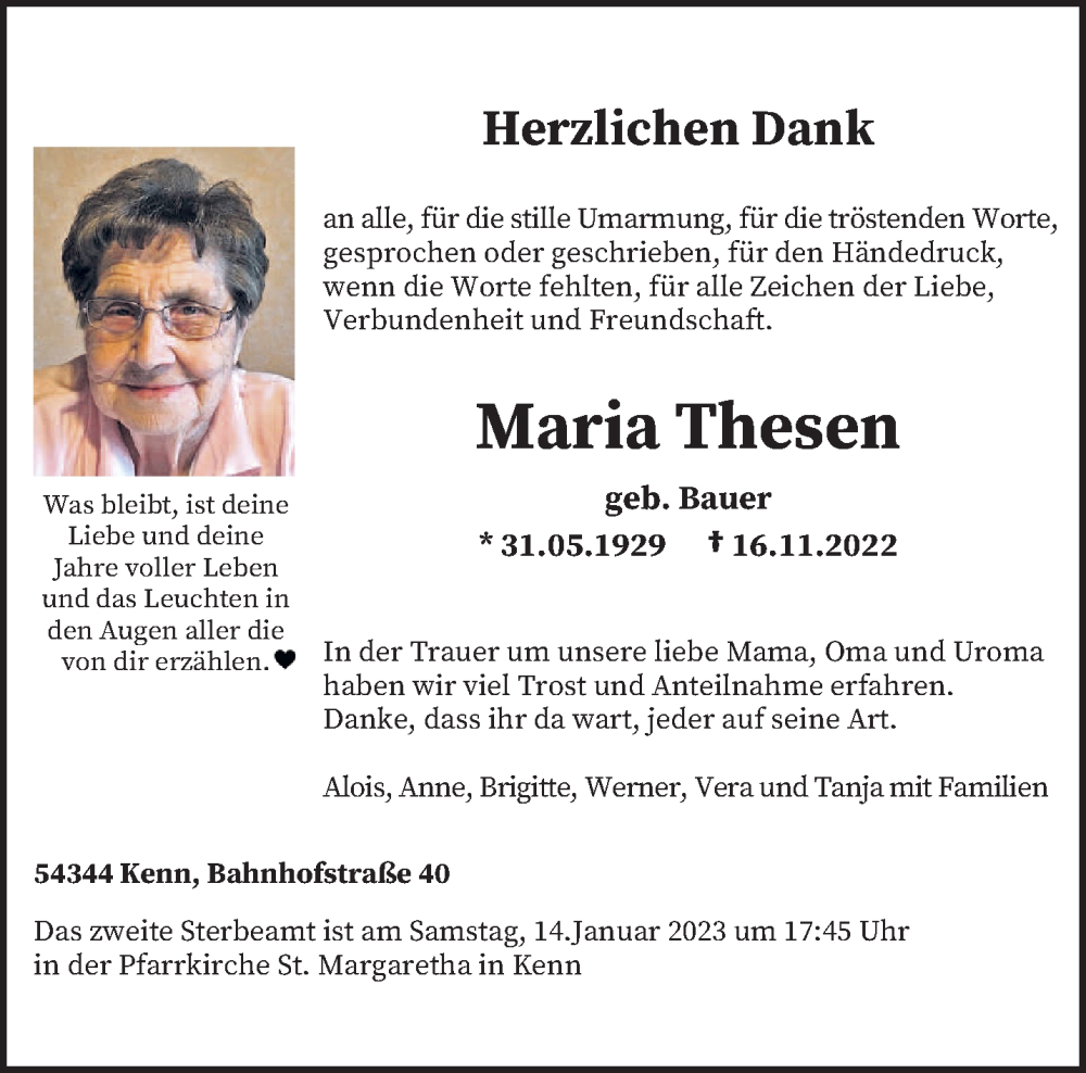  Traueranzeige für Maria Thesen vom 07.01.2023 aus trierischer_volksfreund