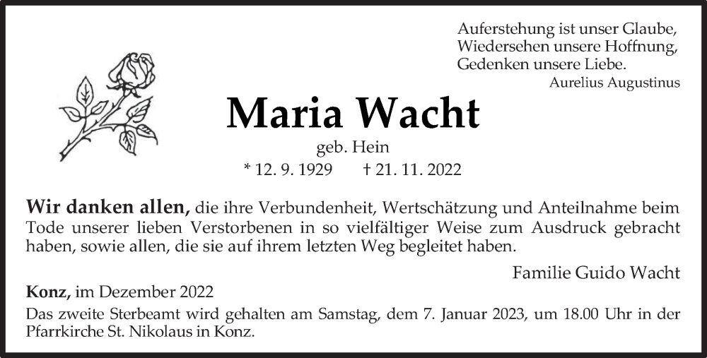  Traueranzeige für Maria Wacht vom 31.12.2022 aus trierischer_volksfreund