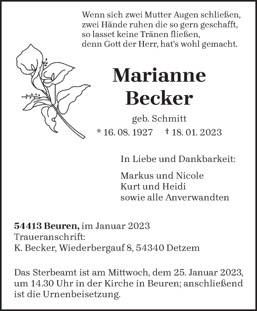  Traueranzeige für Marianne Becker vom 21.01.2023 aus trierischer_volksfreund