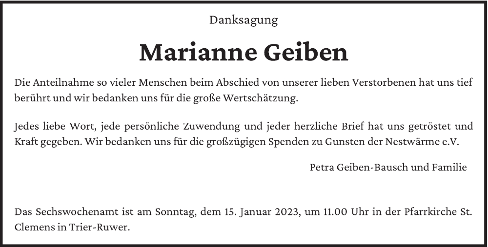  Traueranzeige für Marianne Geiben vom 07.01.2023 aus trierischer_volksfreund