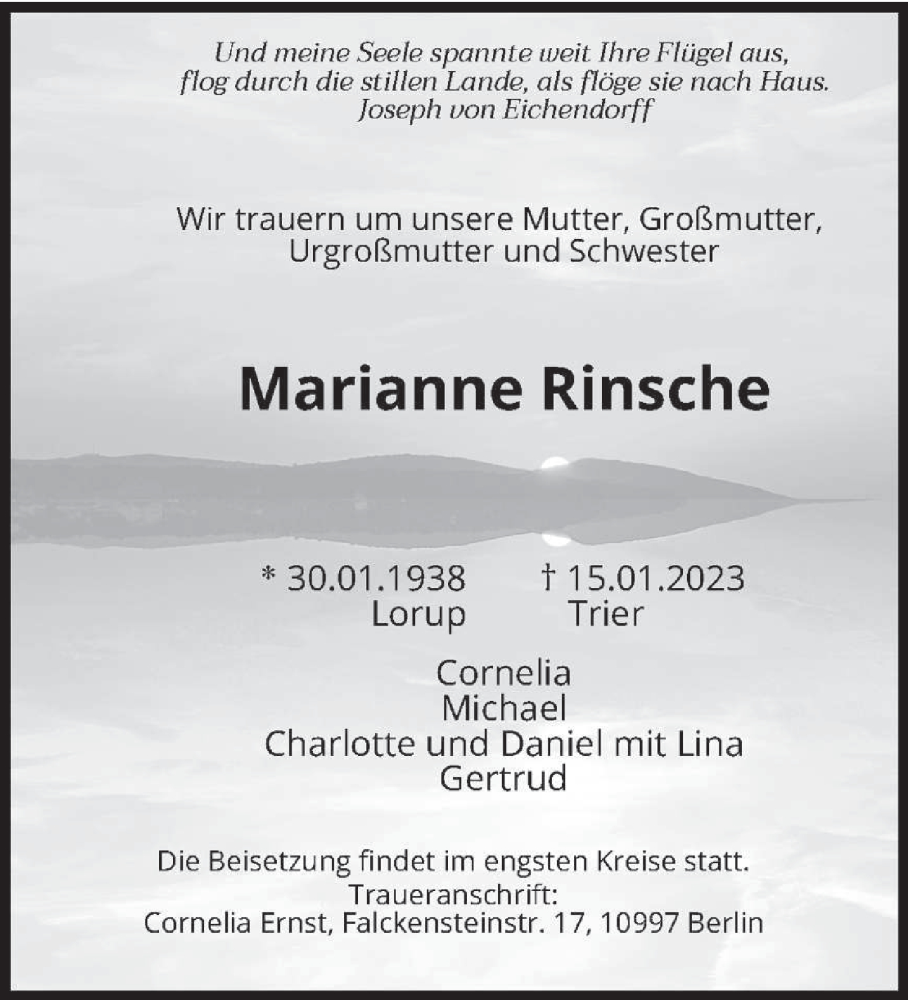  Traueranzeige für Marianne Rinsche vom 21.01.2023 aus trierischer_volksfreund