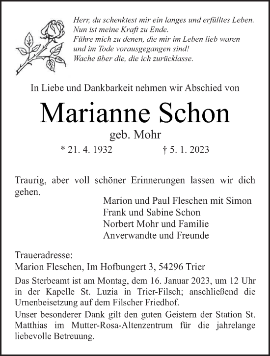 Traueranzeige von Marianne Schon von trierischer_volksfreund