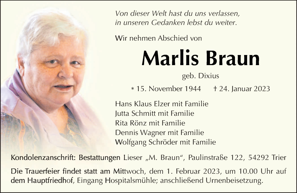  Traueranzeige für Marlis Braun vom 28.01.2023 aus trierischer_volksfreund