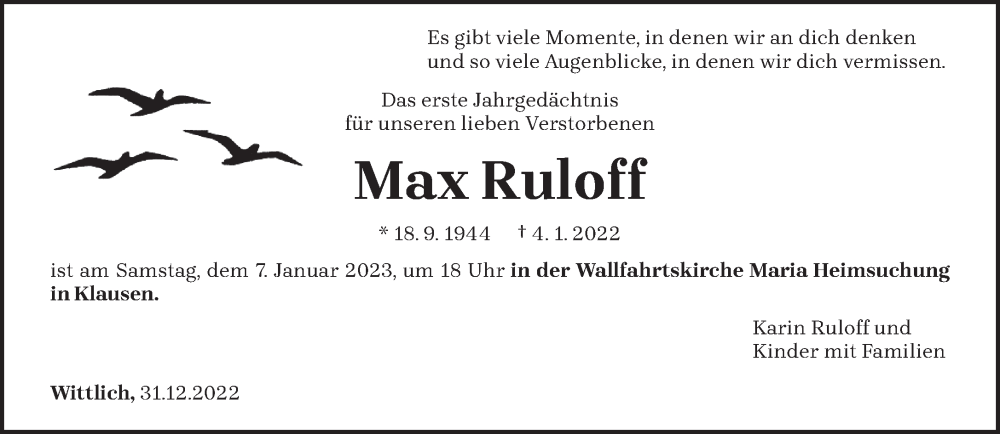  Traueranzeige für Max Ruloff vom 31.12.2022 aus trierischer_volksfreund