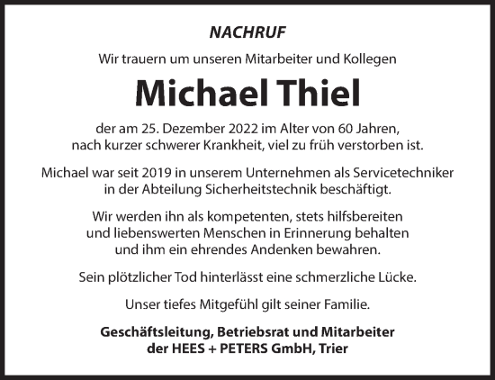 Traueranzeige von Michael Thiel von trierischer_volksfreund