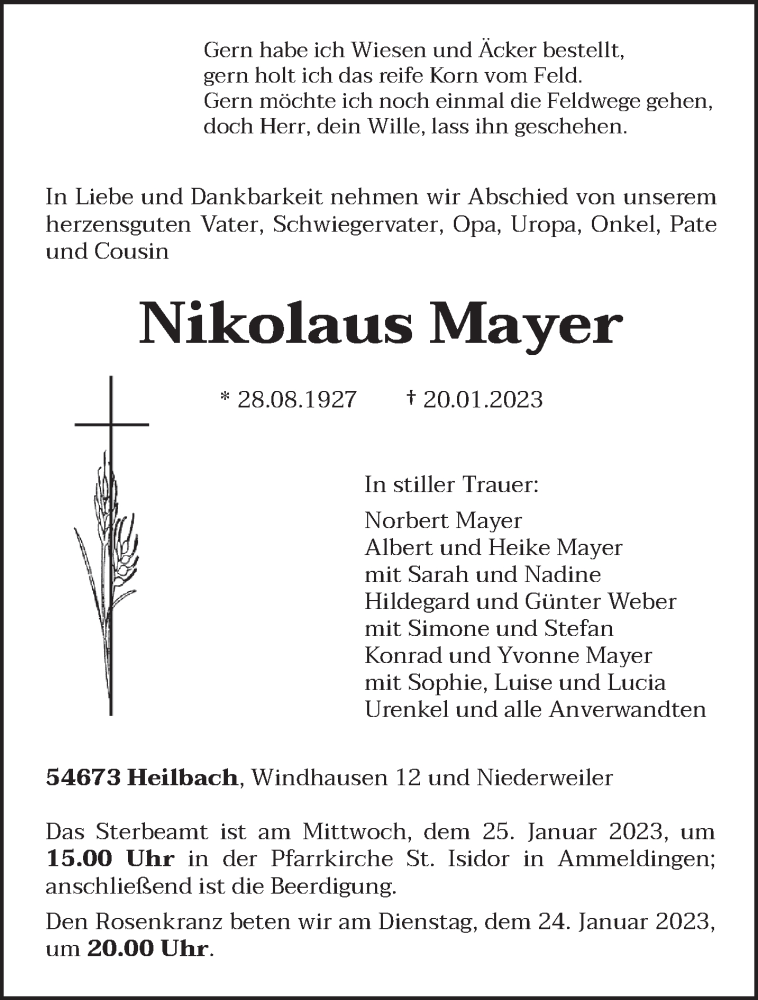  Traueranzeige für Nikolaus Mayer vom 23.01.2023 aus trierischer_volksfreund