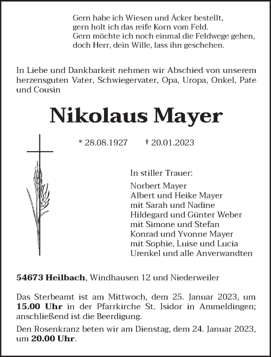 Traueranzeige von Nikolaus Mayer von trierischer_volksfreund