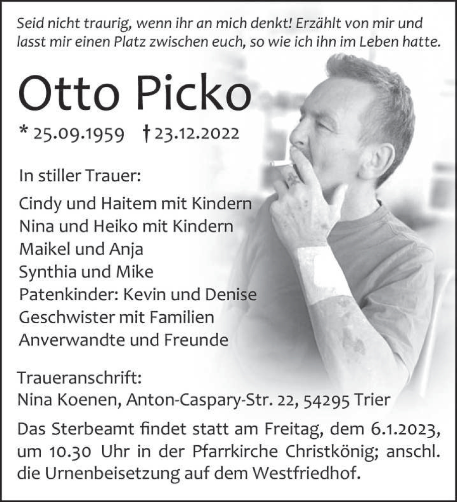  Traueranzeige für Otto Picko vom 31.12.2022 aus trierischer_volksfreund