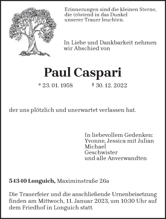 Traueranzeige von Paul Caspari von trierischer_volksfreund