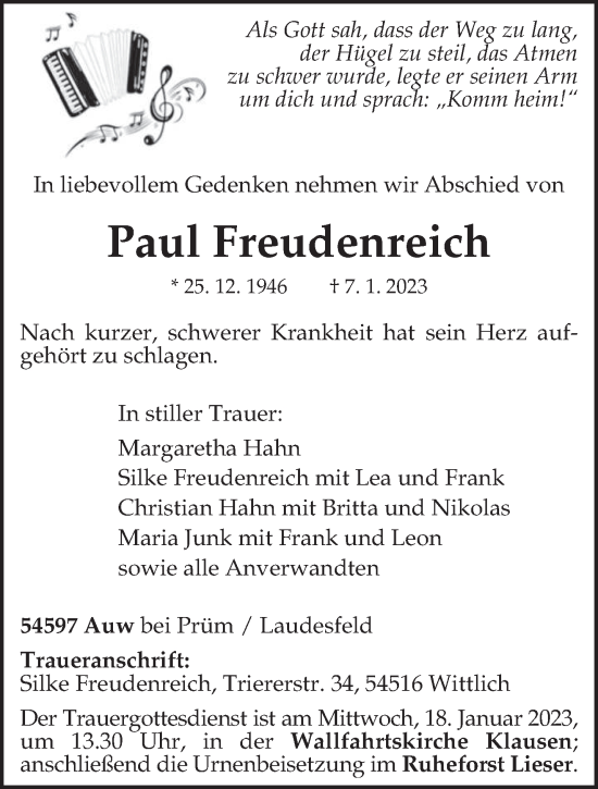 Traueranzeige von Paul Freudenreich von trierischer_volksfreund