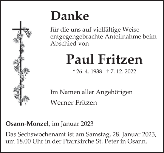 Traueranzeige von Paul Fritzen von trierischer_volksfreund