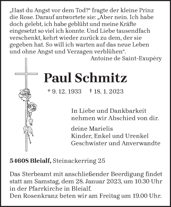 Traueranzeige von Paul Schmitz von trierischer_volksfreund